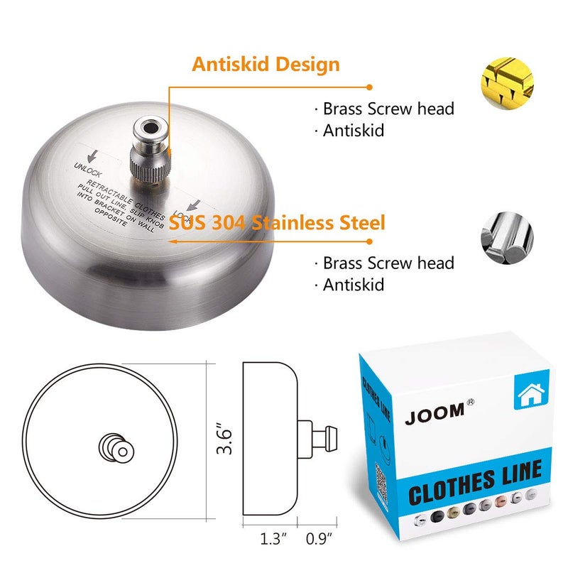 JOOM Retractable Clothesline Stainless Steel Heavy Duty 9Feet(MAX) for Hanging Drying in Bathroom Laundry Hotels, Chrome Finish,Round Style (Brushed Nickel) - Image 3